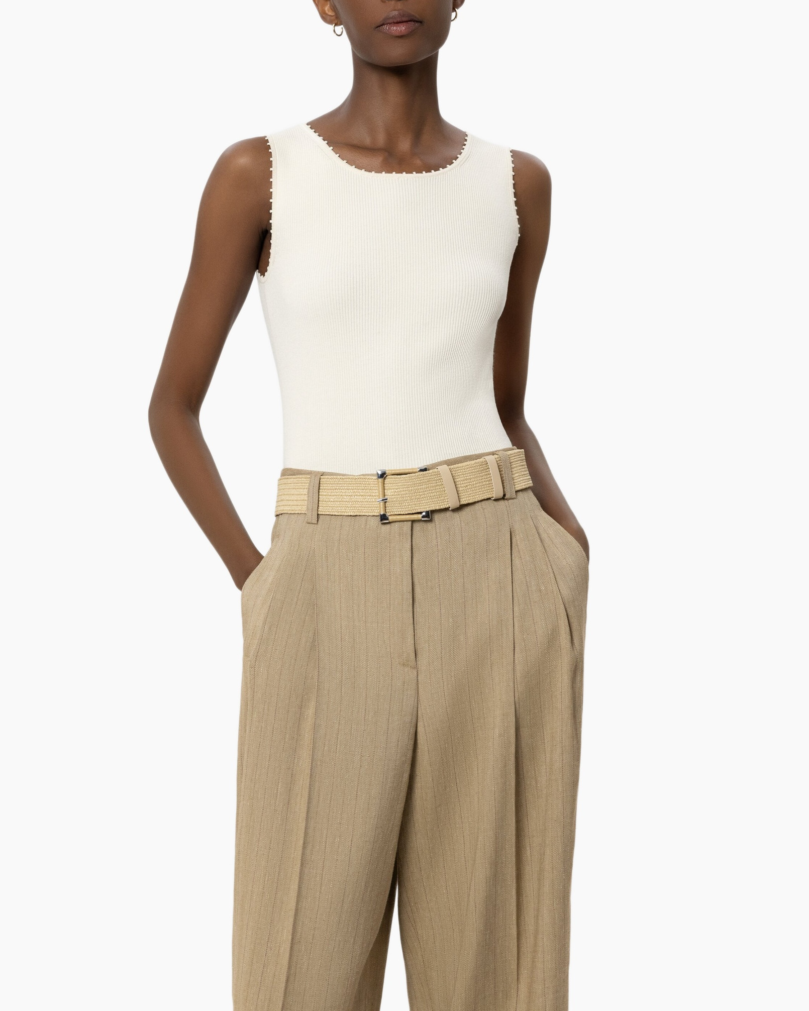 top, tank top, ribbed, white, beige pants, pleated pants, belted, waist belt, high waist, trousers