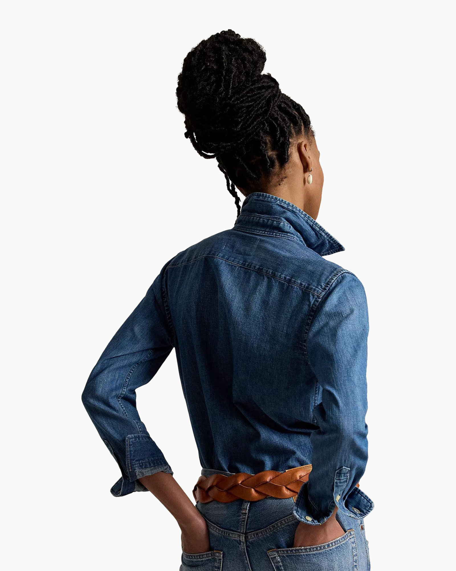 denim blouse, hemd van denim, lange mouwen, knopen voor, bruin riem