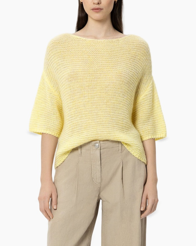 brei, trui, geel, loszittend, korte-mouwen