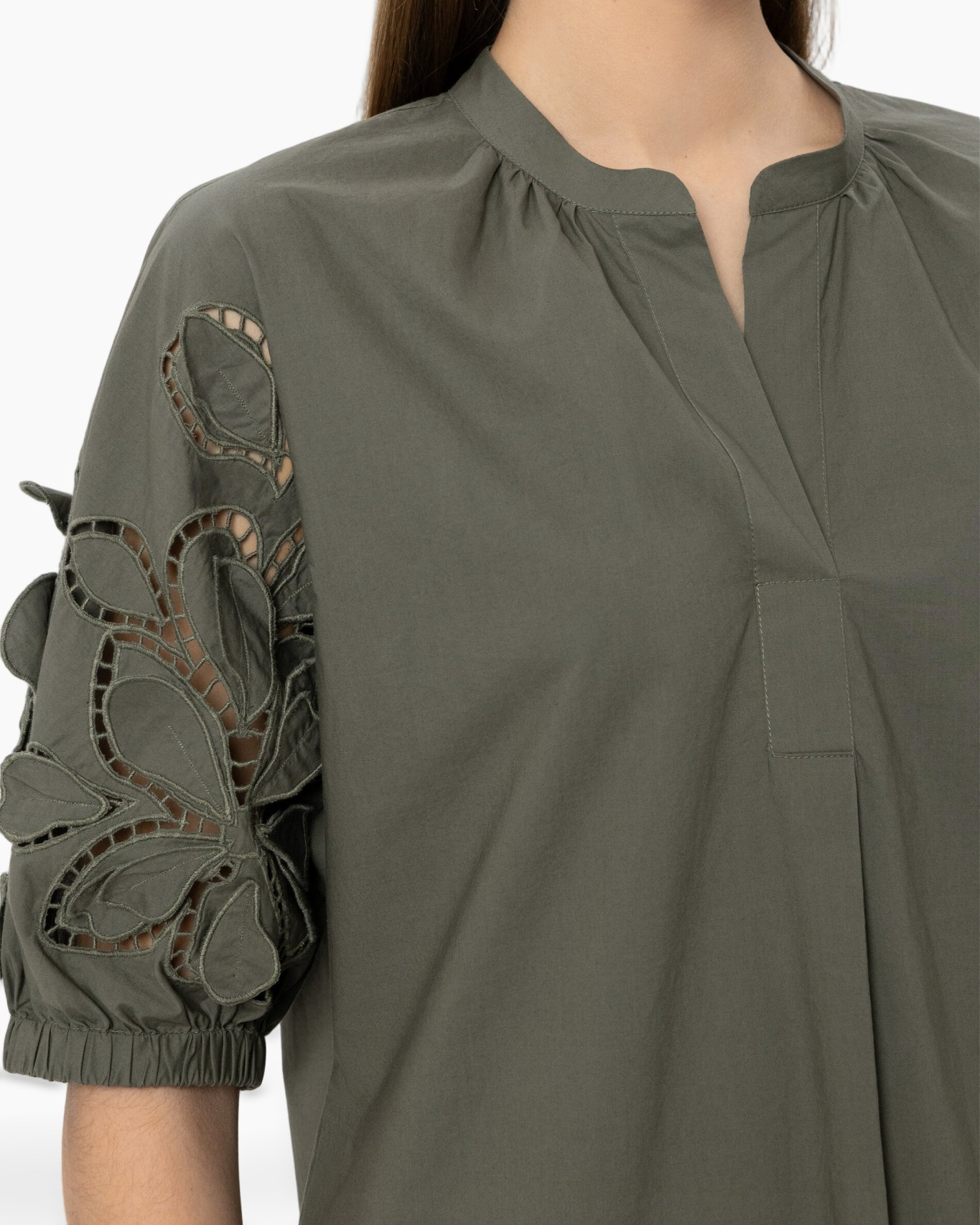 olijf, eyelet, mouw, pofmouw, top