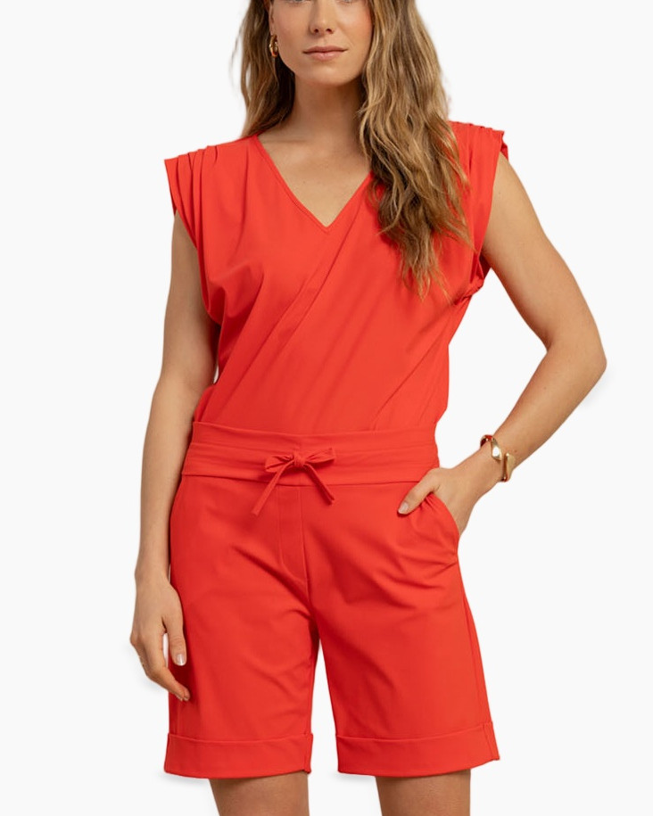 rompers, shorts, orange, waist-tie, sleeveless