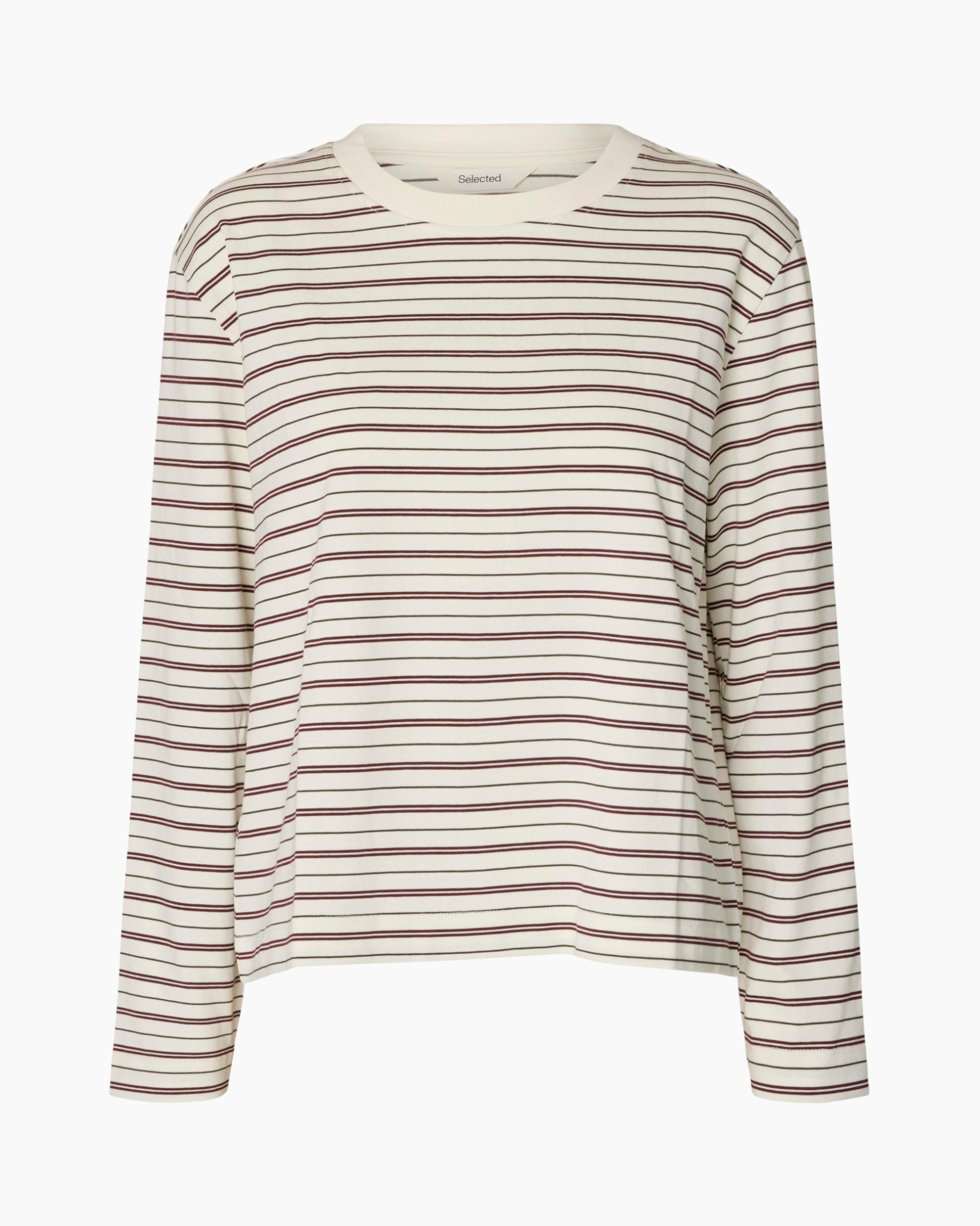 gestreept, lange mouwen, crewnek, t-shirt, maroon