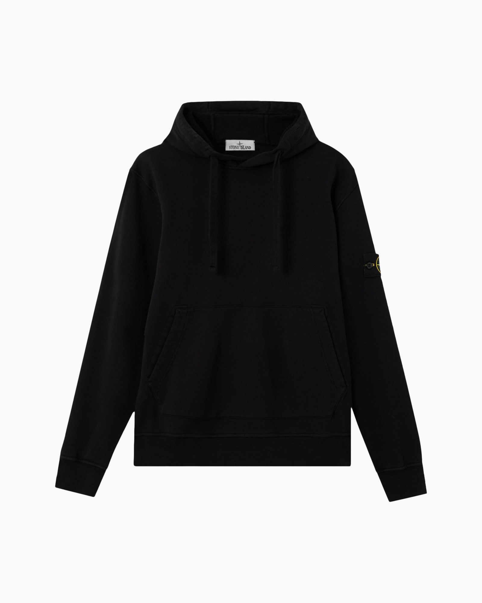 hoodie, zwart, pullover, kangoeroezak, logo patch op mouw