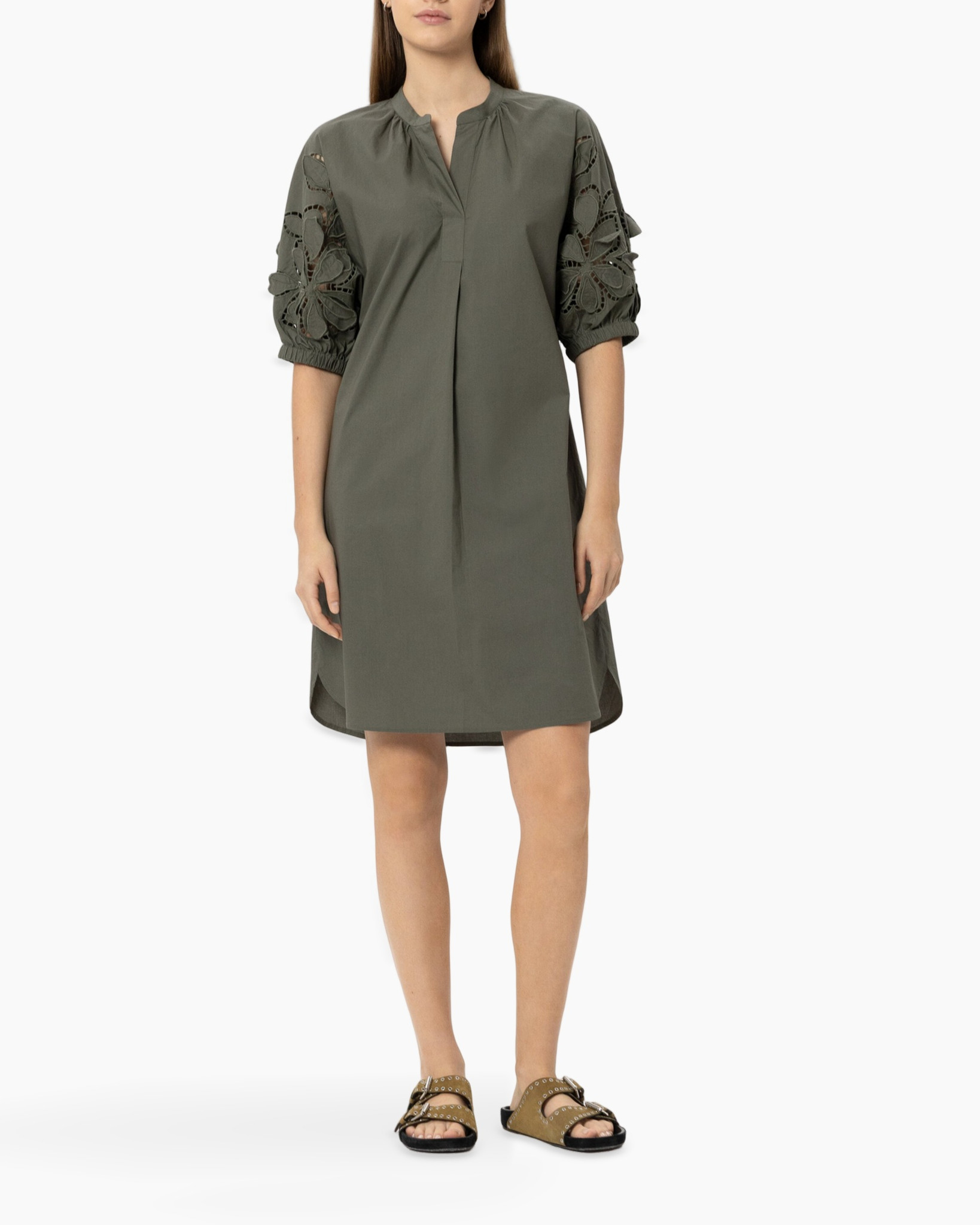 jurk, lange mouwen, olijfgroene, borduurwerk, tunika jurk