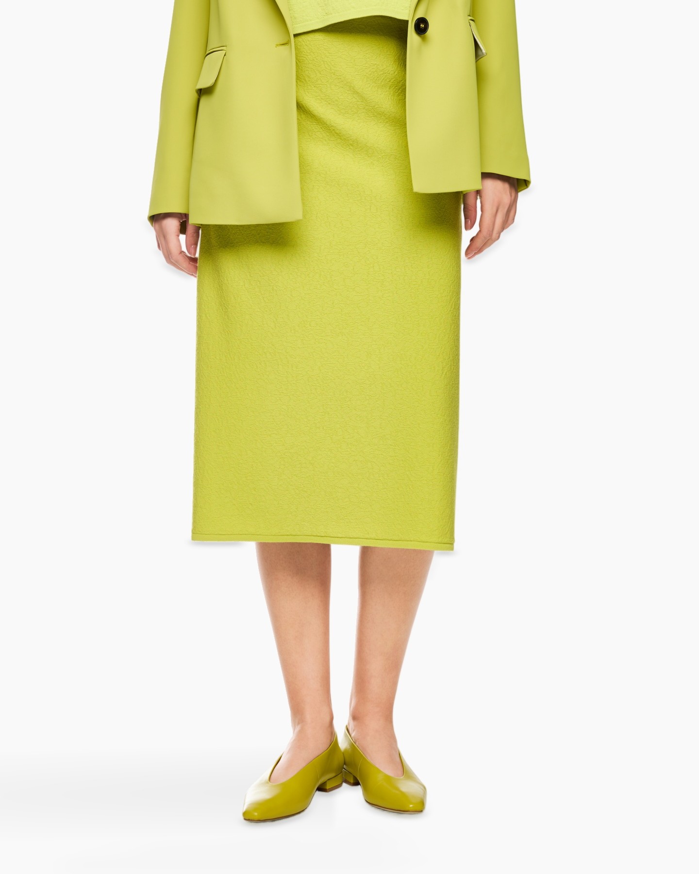 rok, midi, lime, getextureerd, platte schoenen
