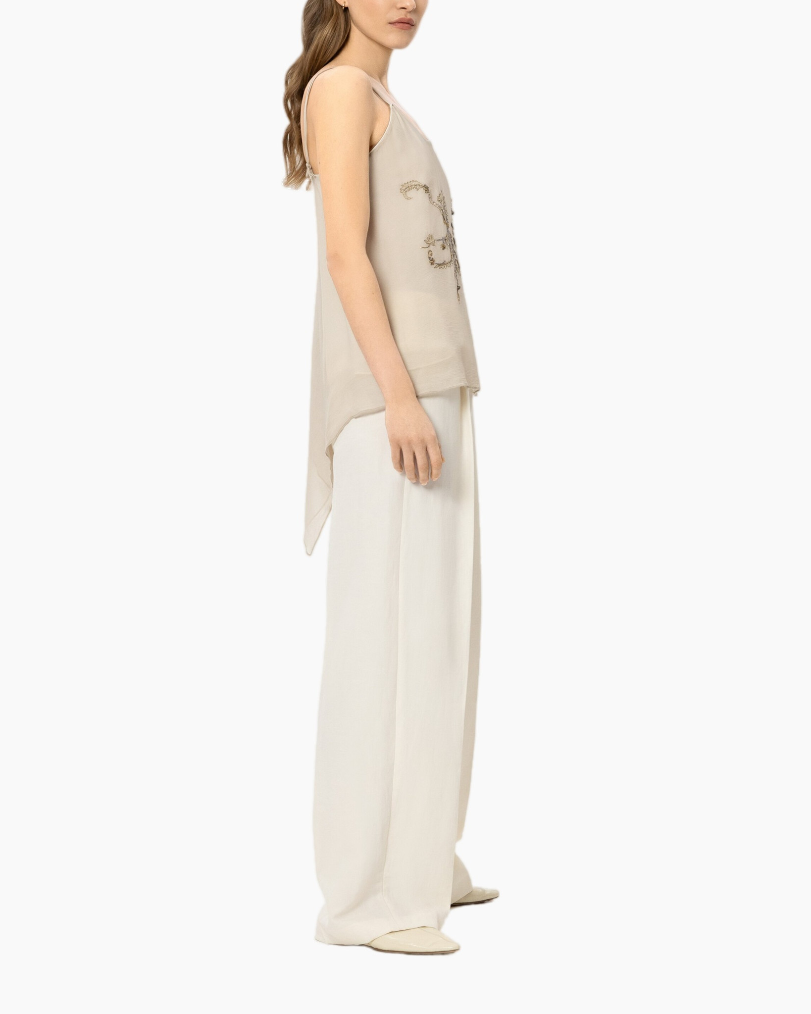 tanktop, beige, versierd, zijdeplooi, wijdedelen pants