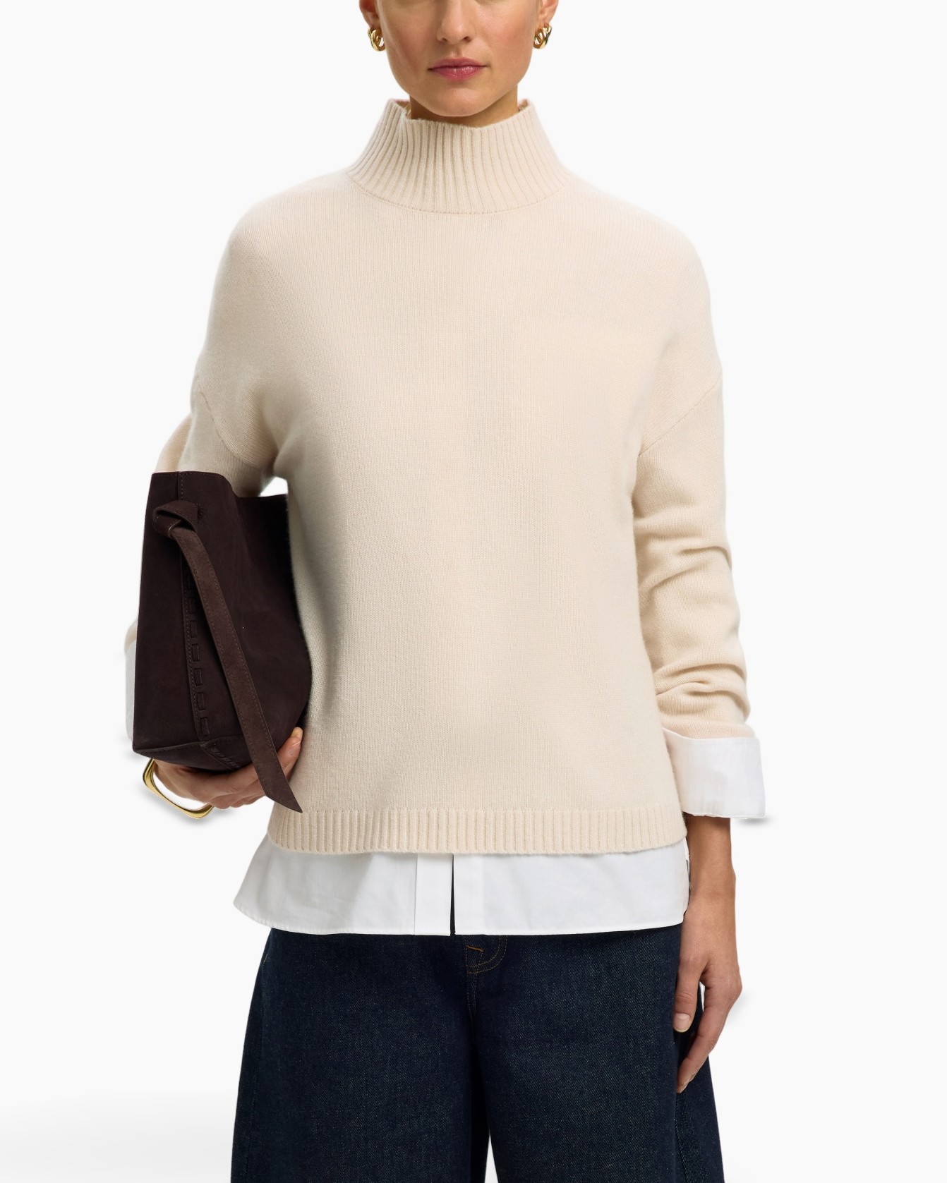 rolkraagtrui, breiensweater, beige, oversized, gelaagde-look