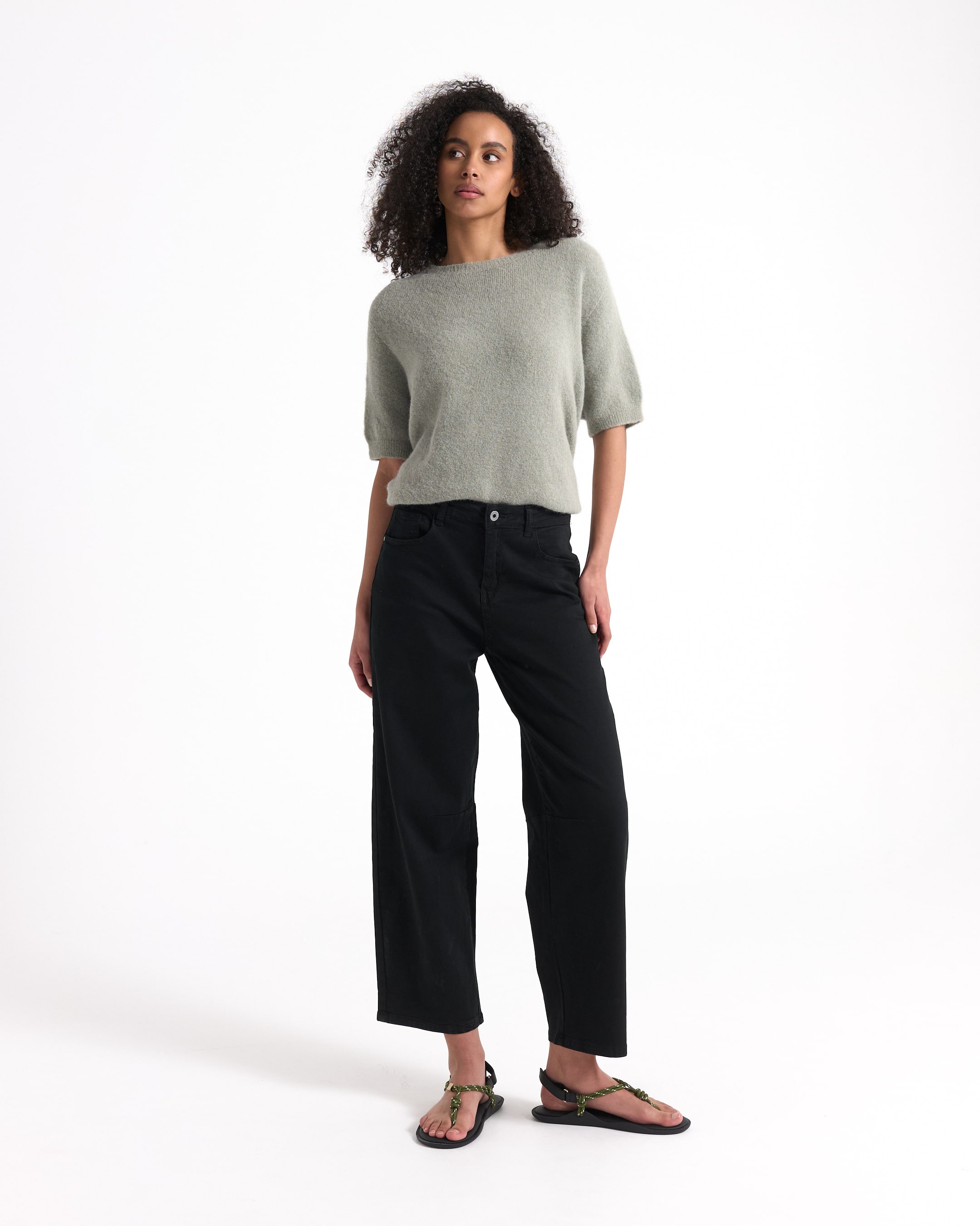 top, knit, gray, short sleeves, wide-leg pants