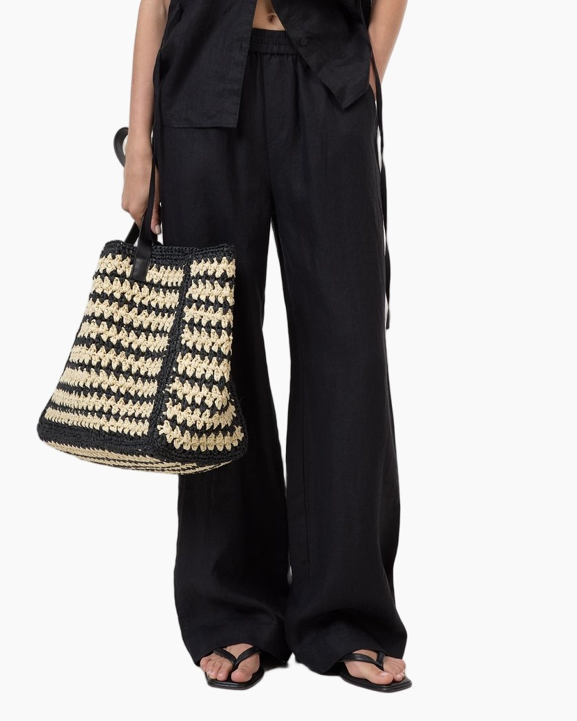 wide-leg pants, black pants, linen look, flared pants, straw bag