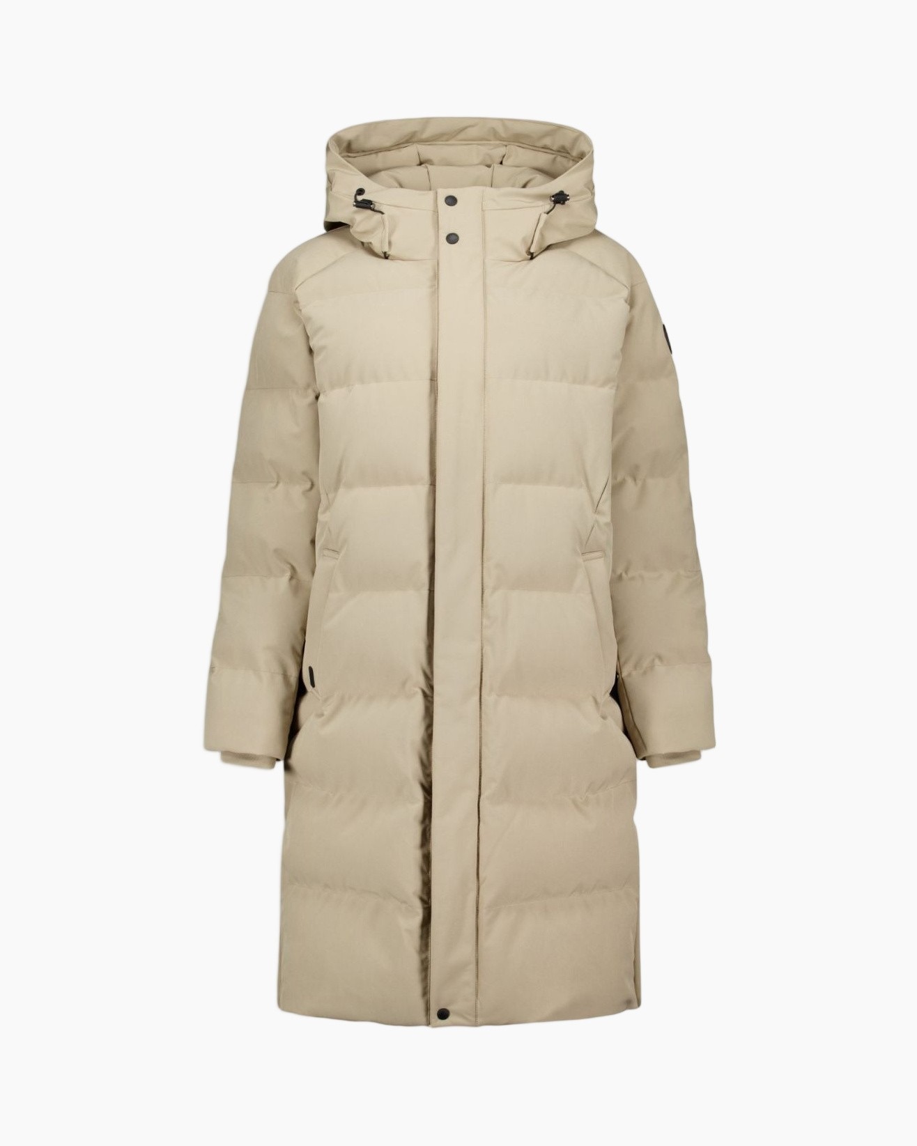 Lange pufferjas, Met capuchon, Beige, Doorgestikt, Drukknoopsluiting