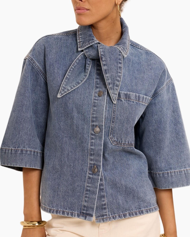 denim, jasjacket, korte mouwen, kraag, voorzak