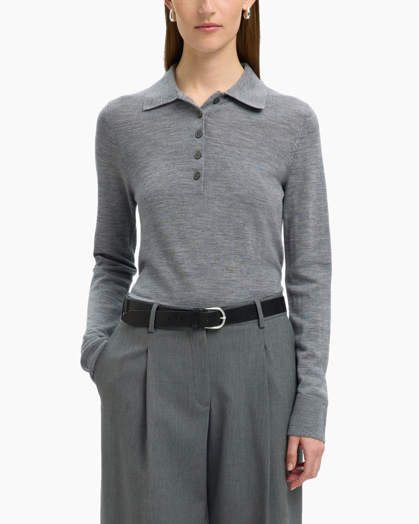 Polo Thea Ls Knit Merino Collar Neck Grijs
