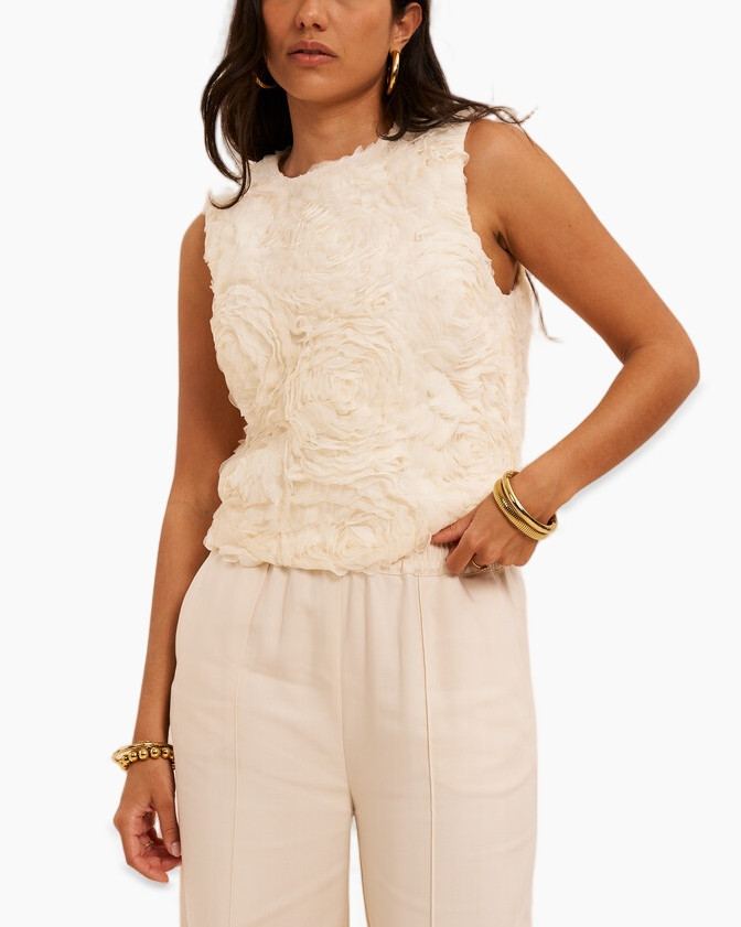 tanktop, textured-lace, crème, mouwloos, top