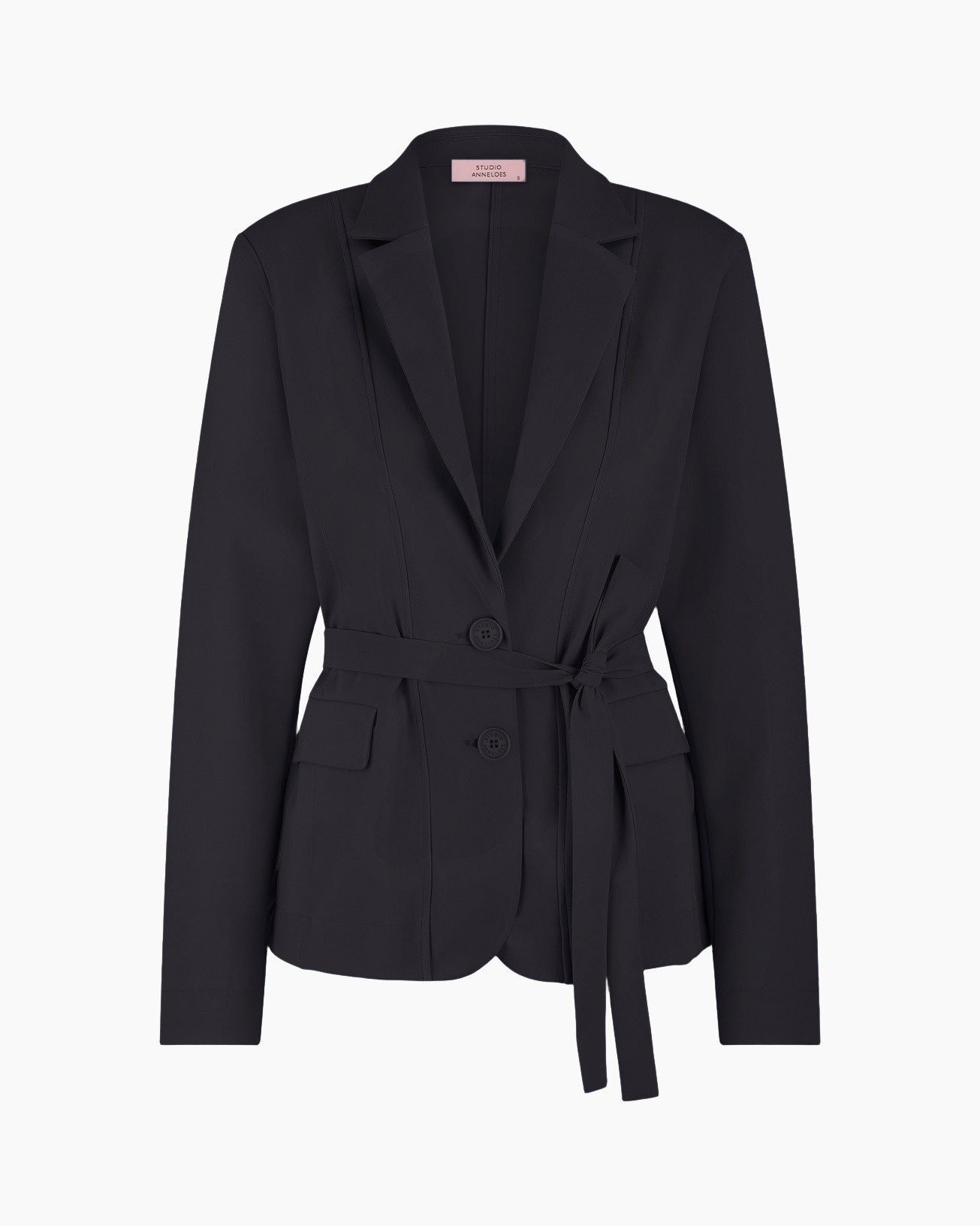 blazer, riem, donker, langarm, kraag/lapels