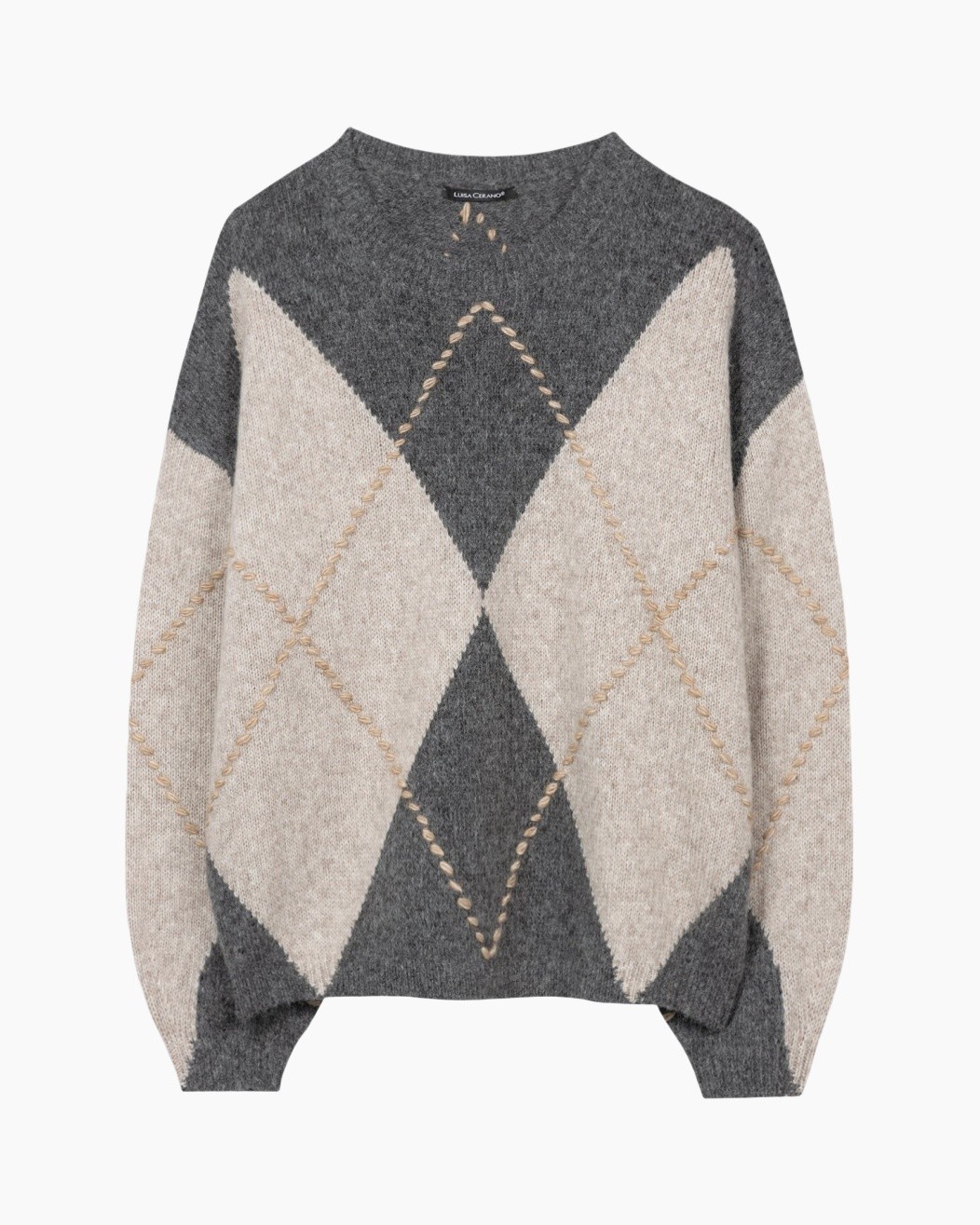 trui, pullover, argyle, breiwerk, grijs