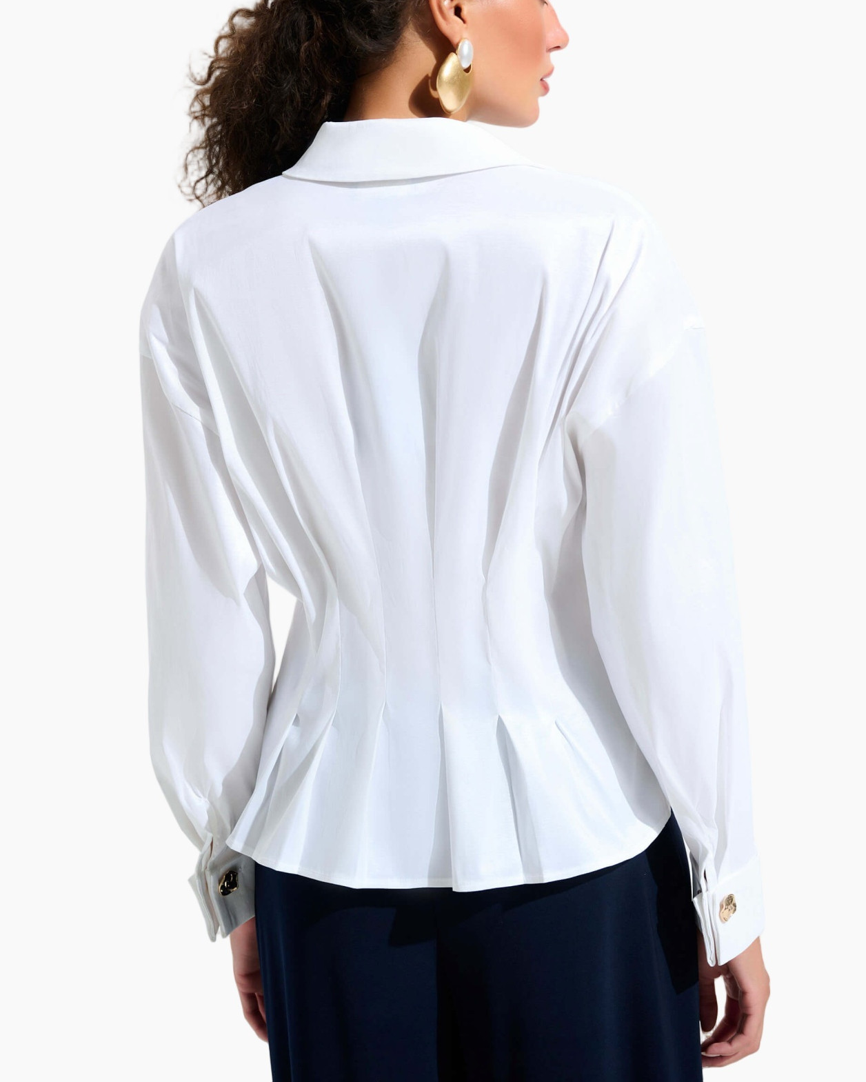 white blouse, button-front, collared, pleated, long sleeve