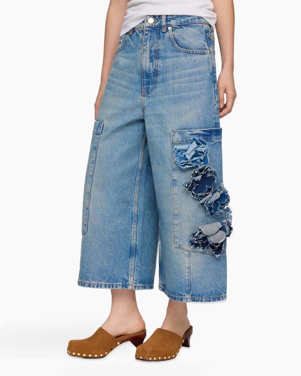 denim, wide-leg, cargo, patchwork, distressed