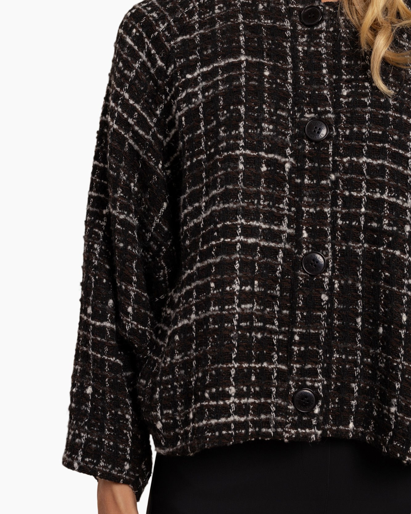 tweed, ruit, knopsluiting, zwart, jas