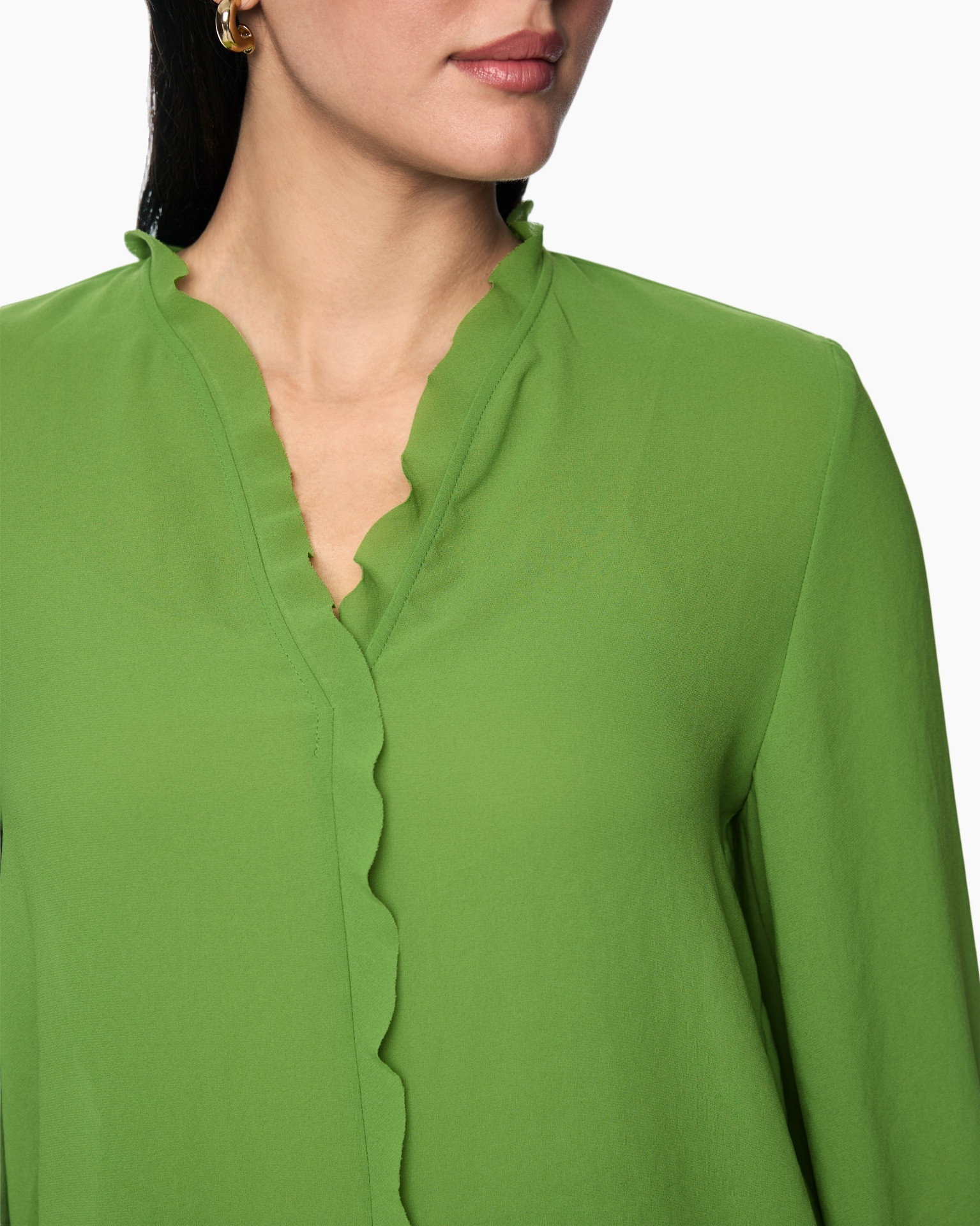 groen, blouse, kraag, plooien, lange mouw