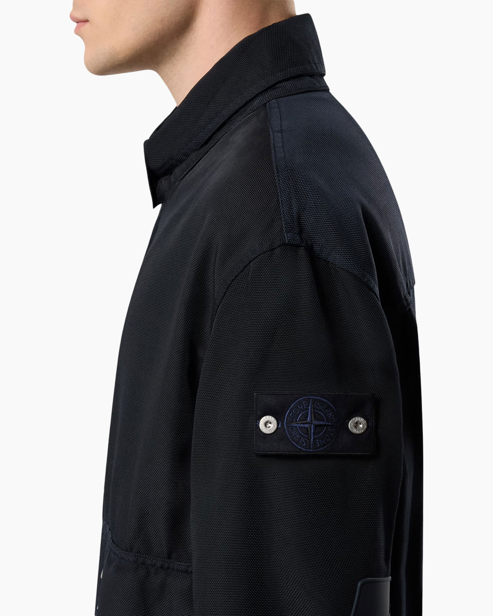 jas, lange mouwen, marineblauw, weefsel textuur, embleem patch