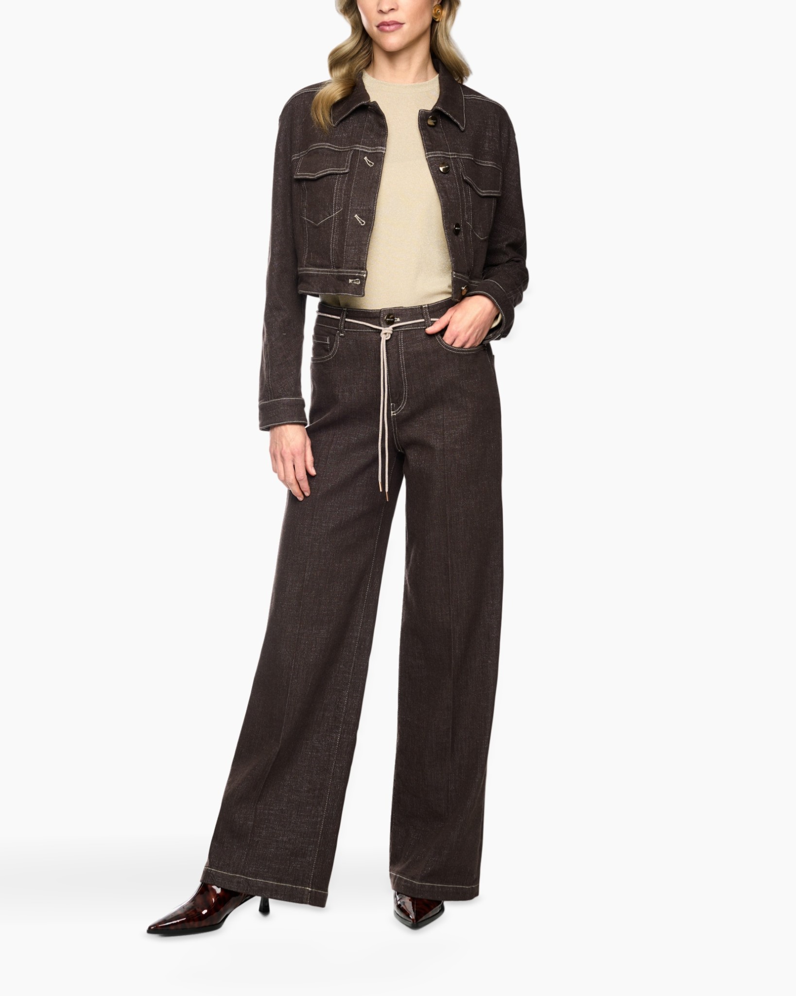 denim, jacket, broek, outfit, bruin