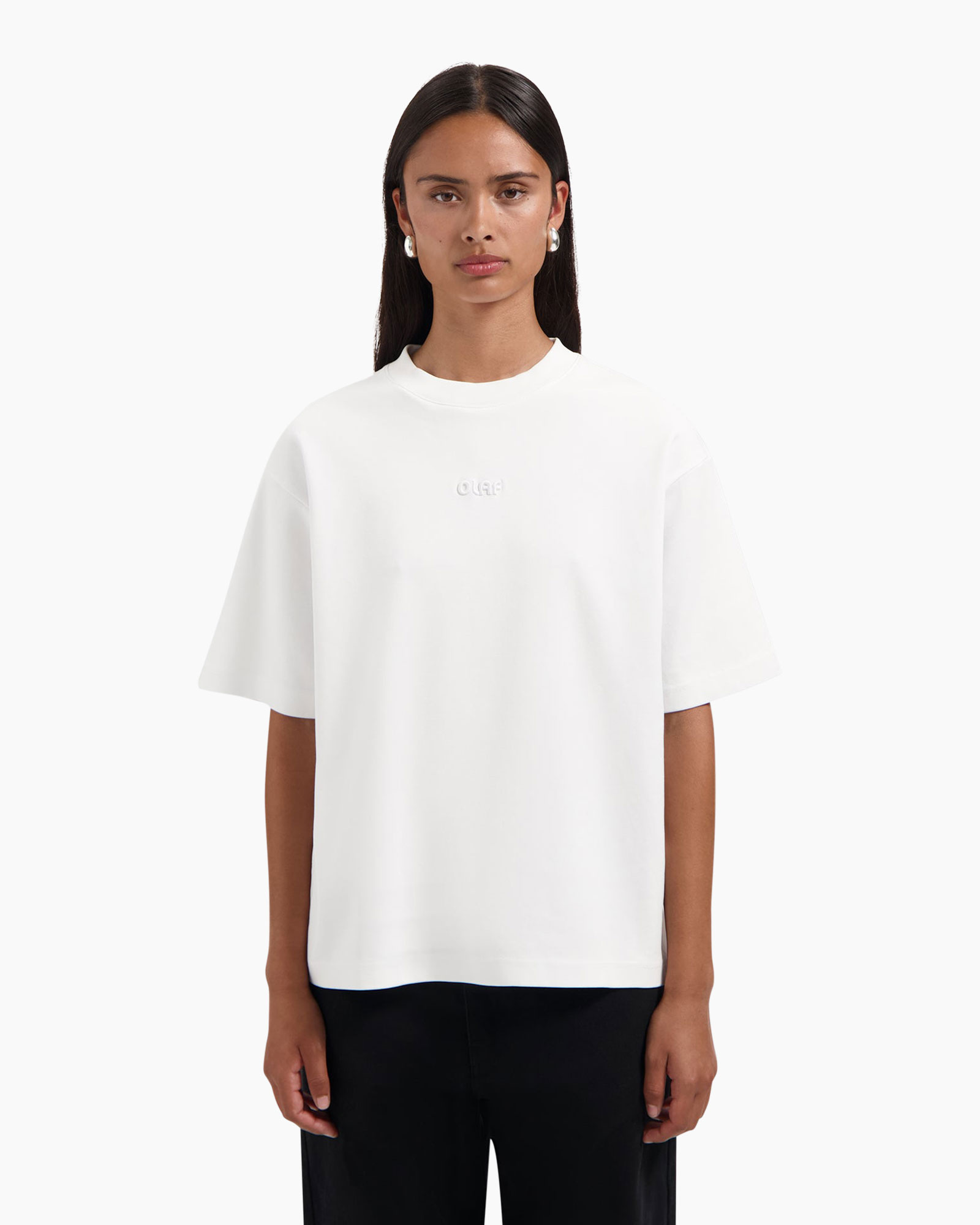 t-shirt, wit, korte mouwen, rond hals/crew neck, embossed logo