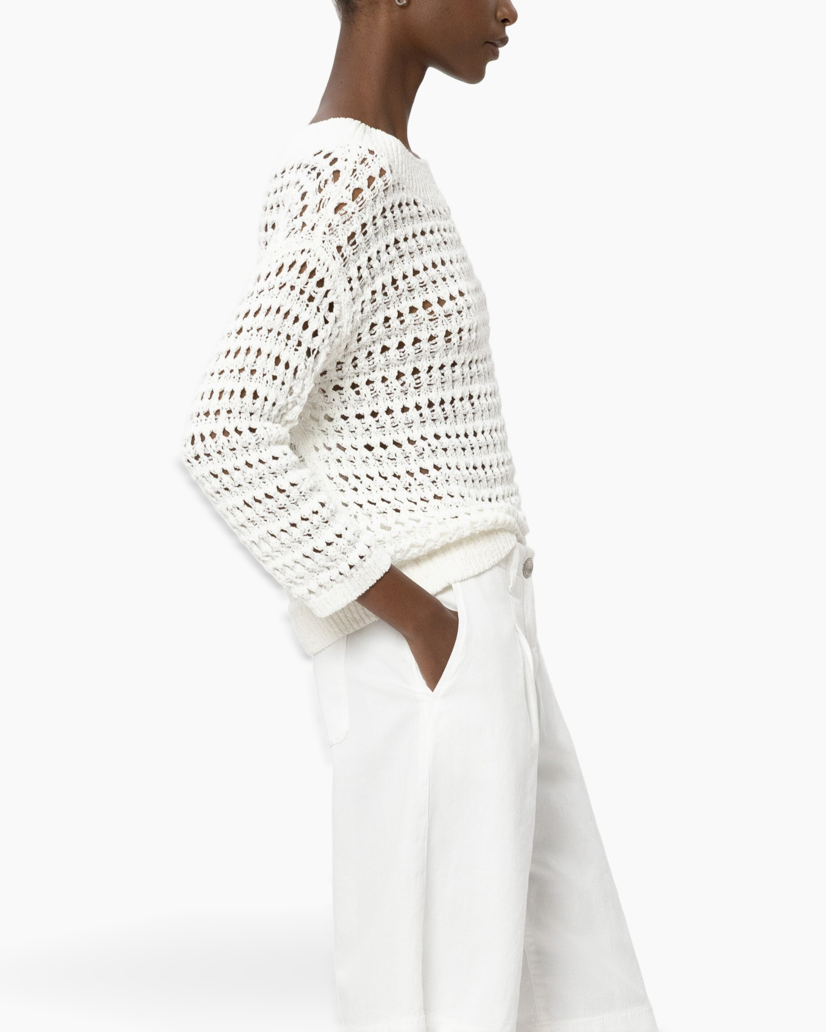 crochet sweater, white sweater, long sleeve, loose knit, crew neck