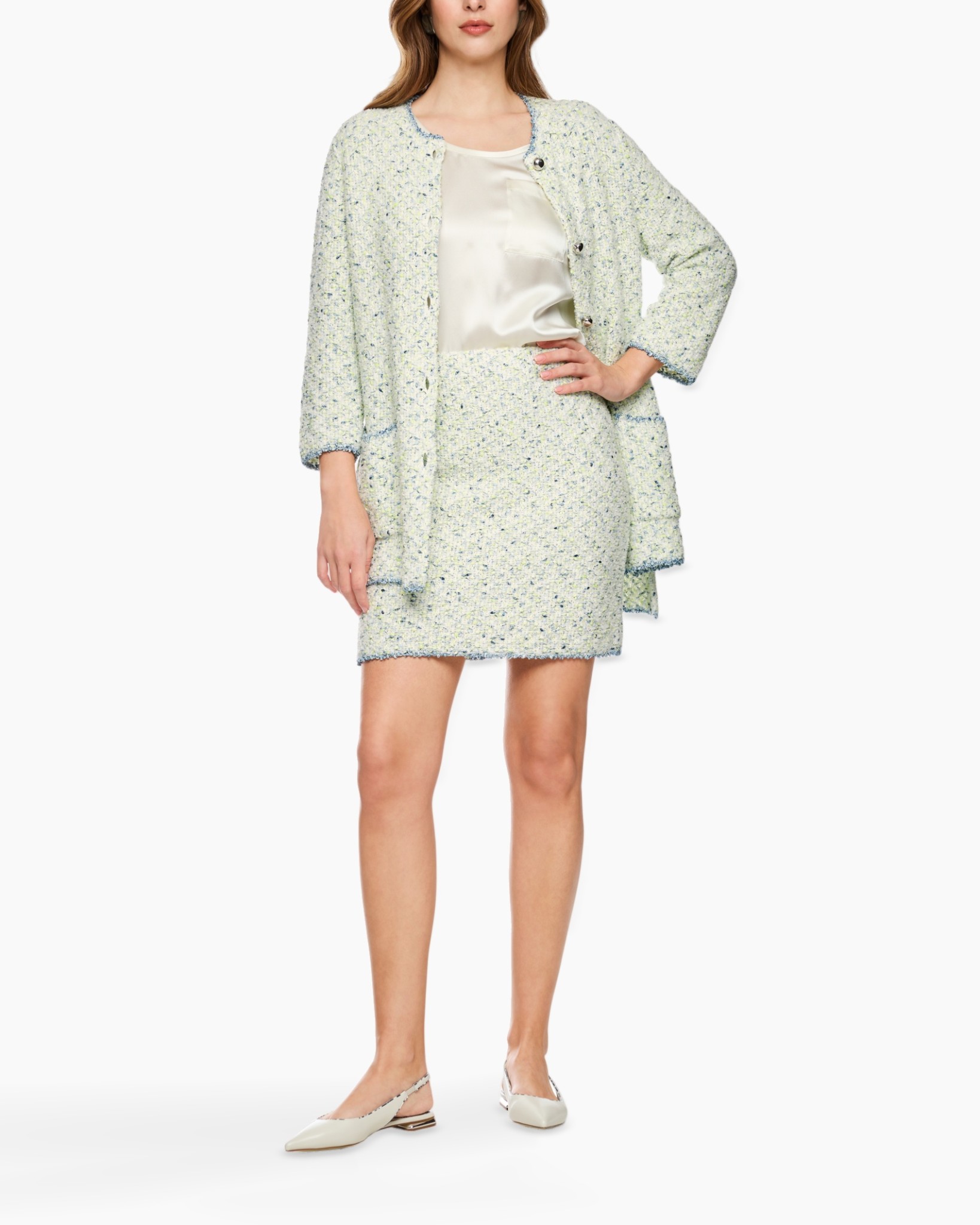 tweed, rok, jas, kledingstapel, pastel