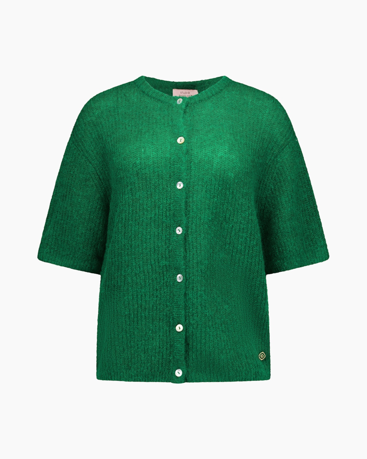 cardigan, green, knit, short-sleeve, button-down