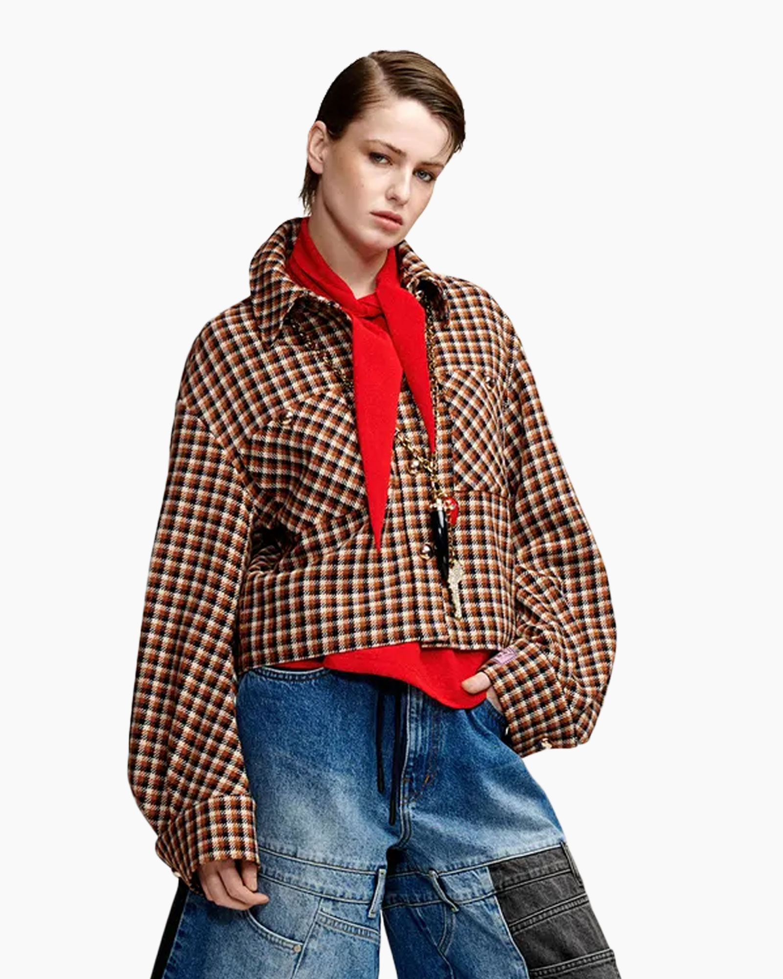jas plaid, bruin-oranje, dikke jas, geruite patroon, lange mouwen