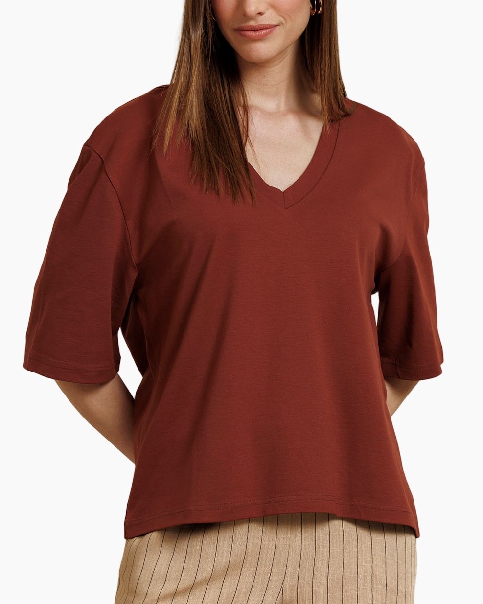 t-shirt, v-hals, korte mouwen, effen, rood-bruin