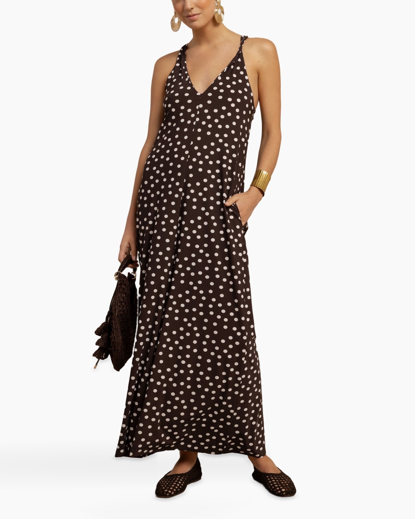 Jurk tot de grond, Polkadot, Spaghettibandjes, Bruin, Mouwloos