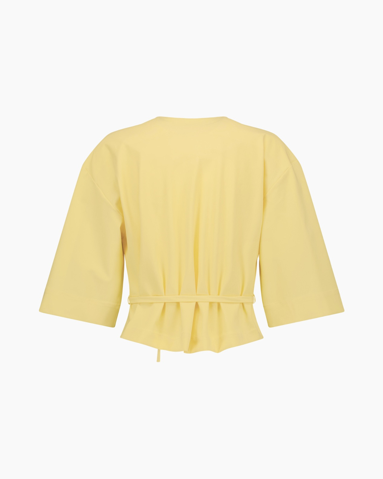 blouse, wrap, korte mouwen, geel, peplum, riem