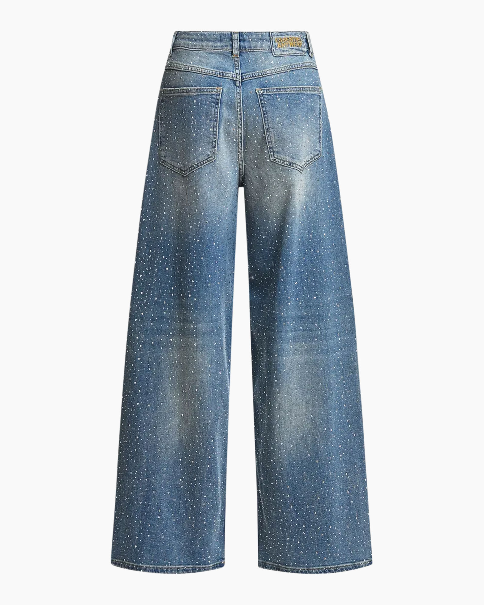 denim, spijkerbroek, wijd uitlopend, afgewerkt, achterzakken