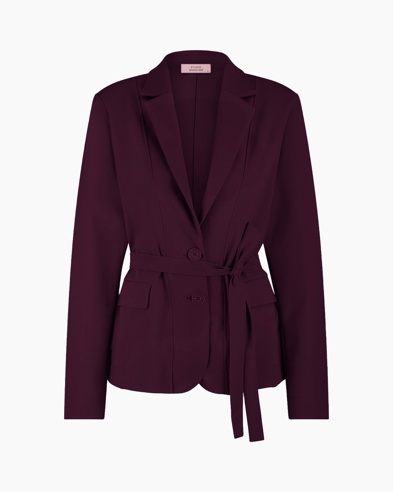 blazer, wrap, touwriem, kraag, burgundy