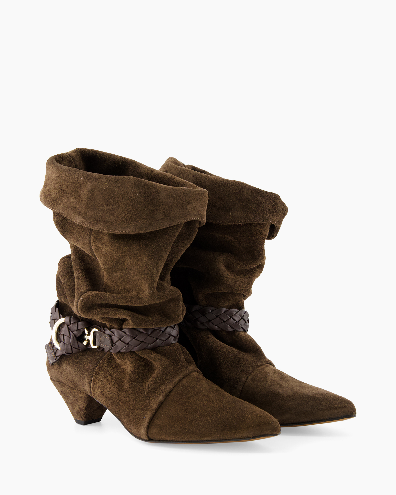 enkelboot, bruine suède, mid-hiel, gevlochten riem, slouchy schacht