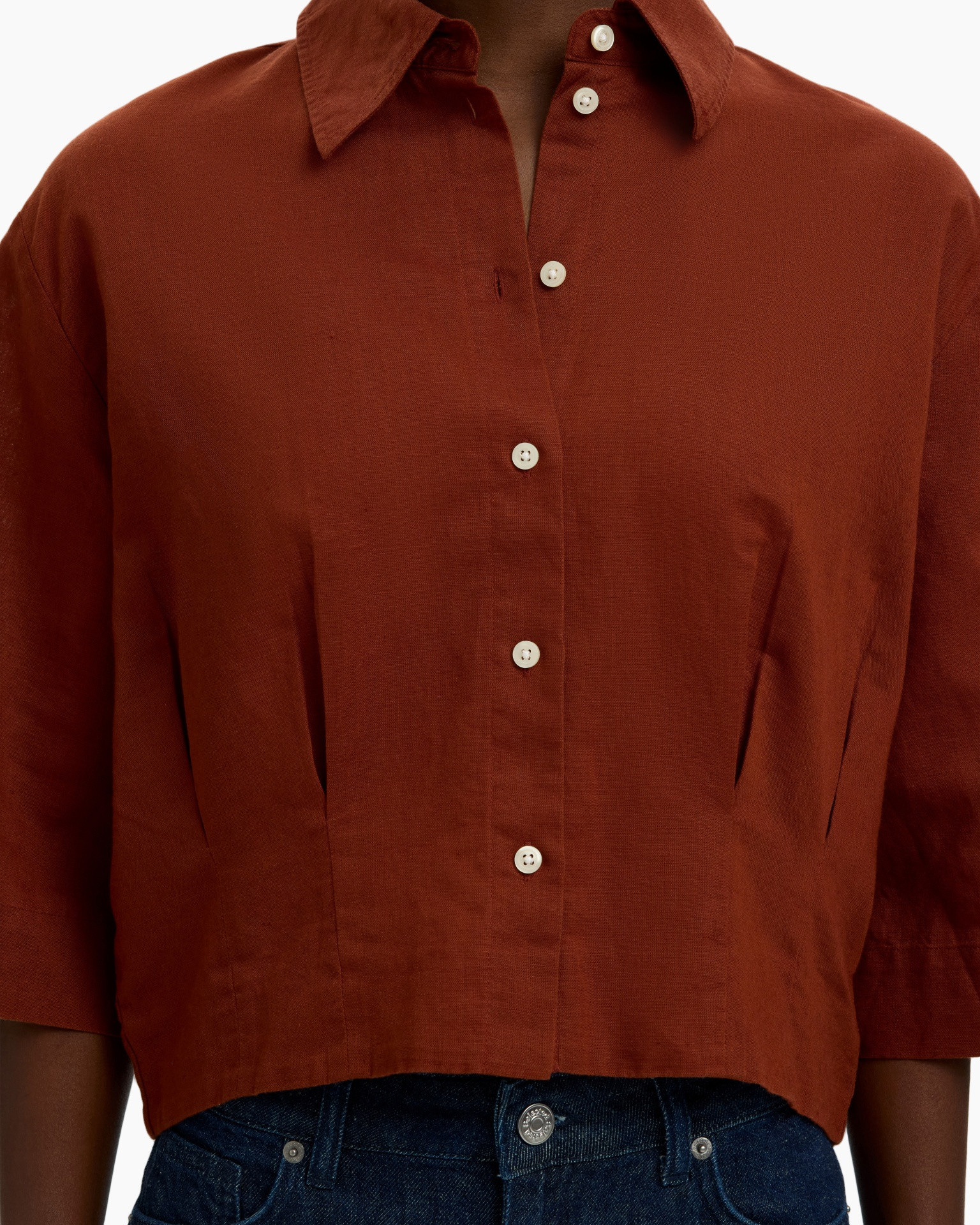 button-down, kraag, linnen, roodbruin, korte mouw