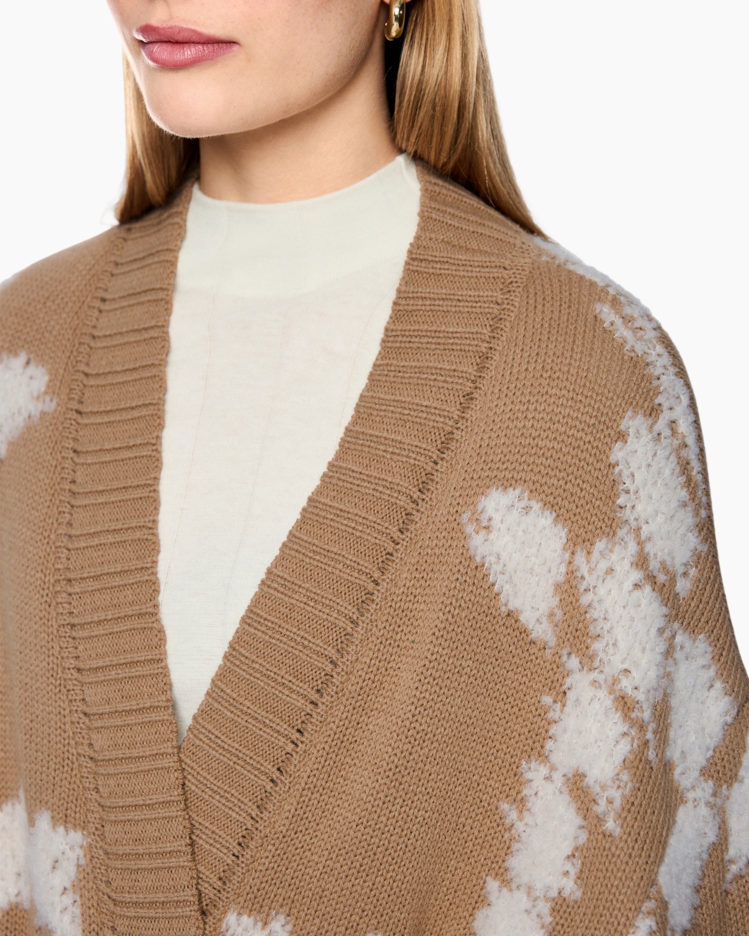 cardigan, camel, breip-knit, v-hals, patroon