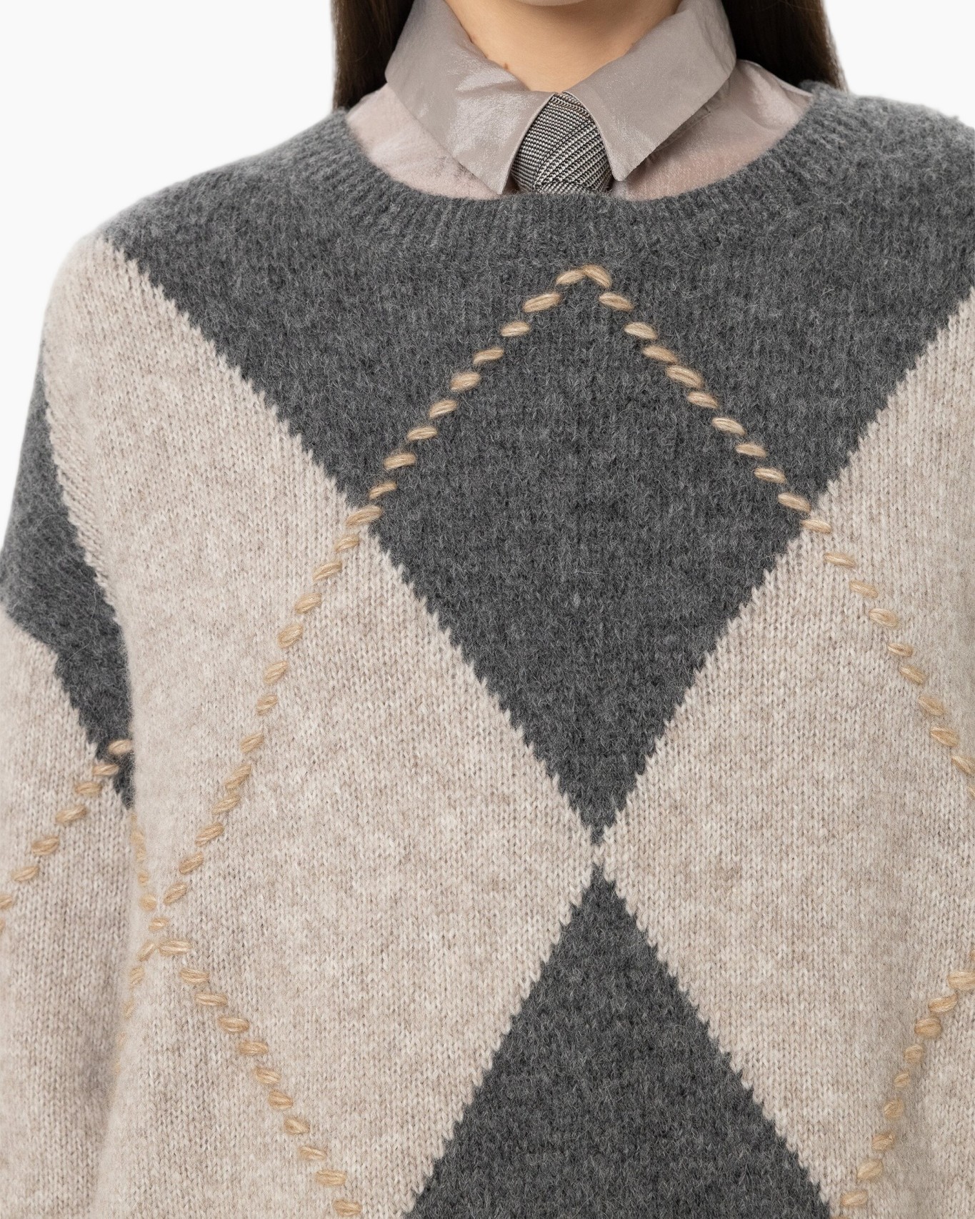 pullover argyle, gebreide trui, gebreide patroontrui, beige grijs, kraagloze ronde hals