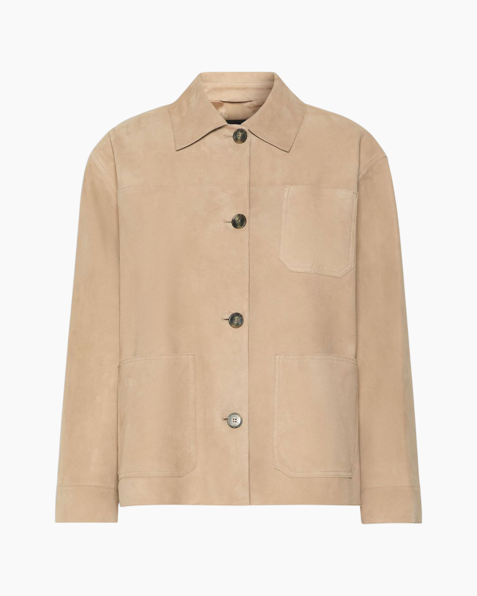 beige, suede, jas, knopenvoorraad, zakken