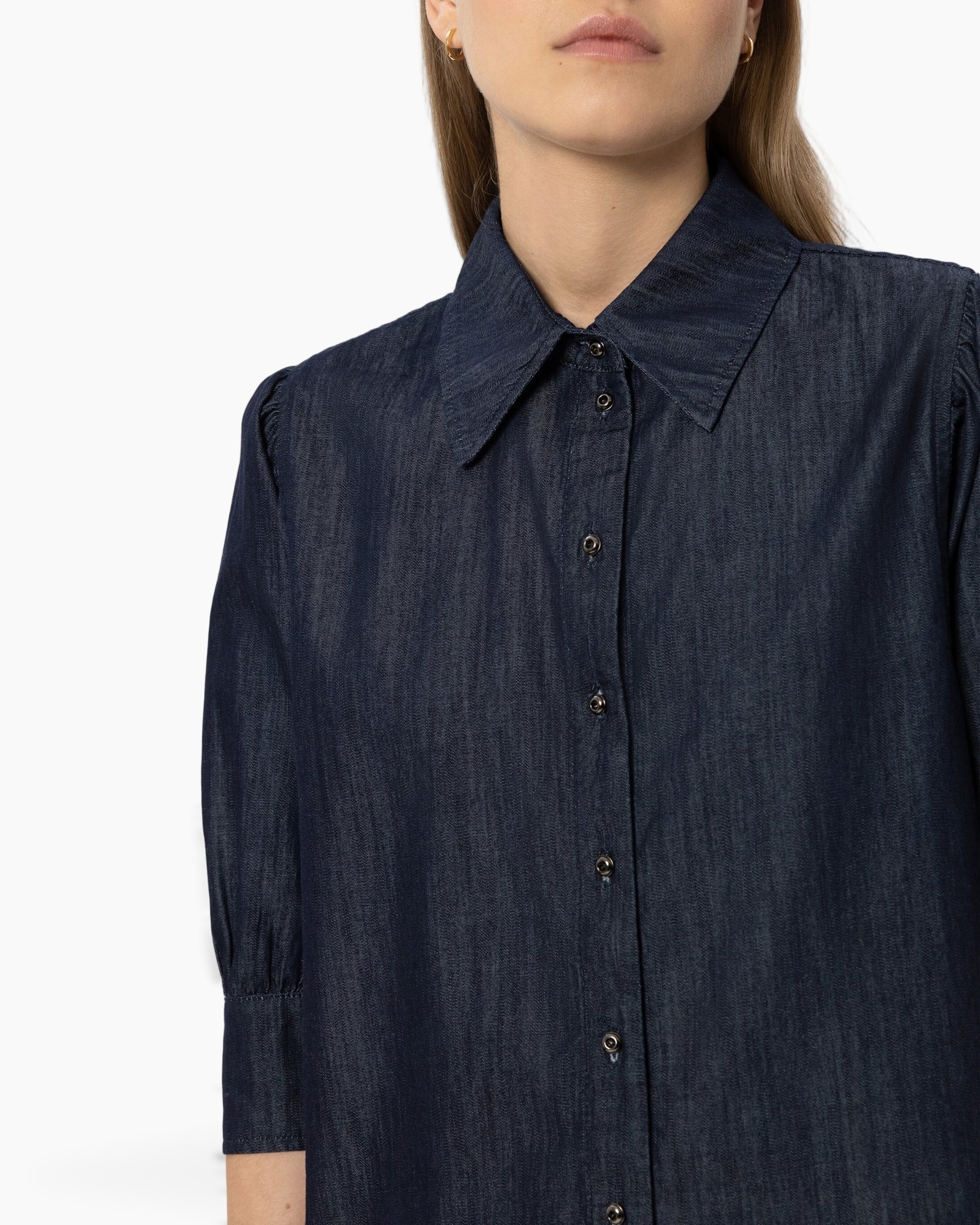 denim, hemd, lange mouwen, kraag, knopen