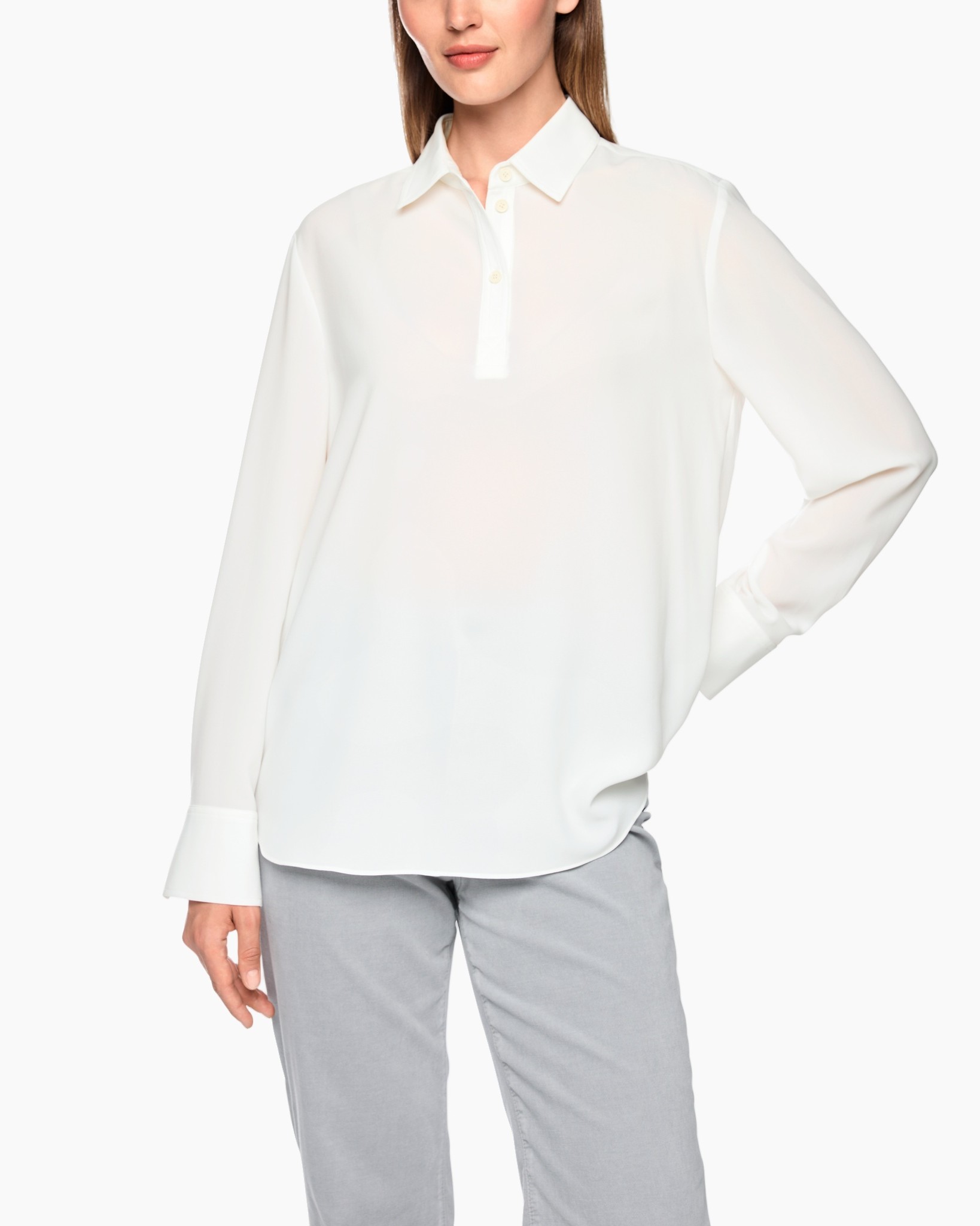 witte blouse, lange mouw, kraag, polo-kraag opening, zachte stof