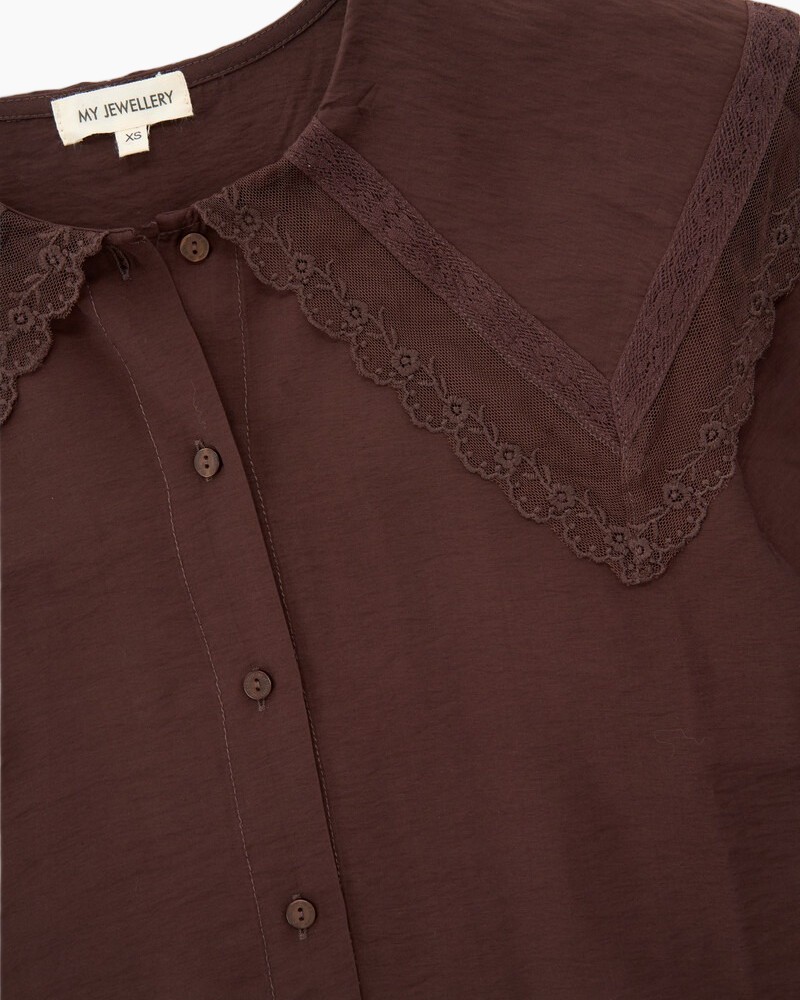 bruin, kant, blouse, knop, kraag