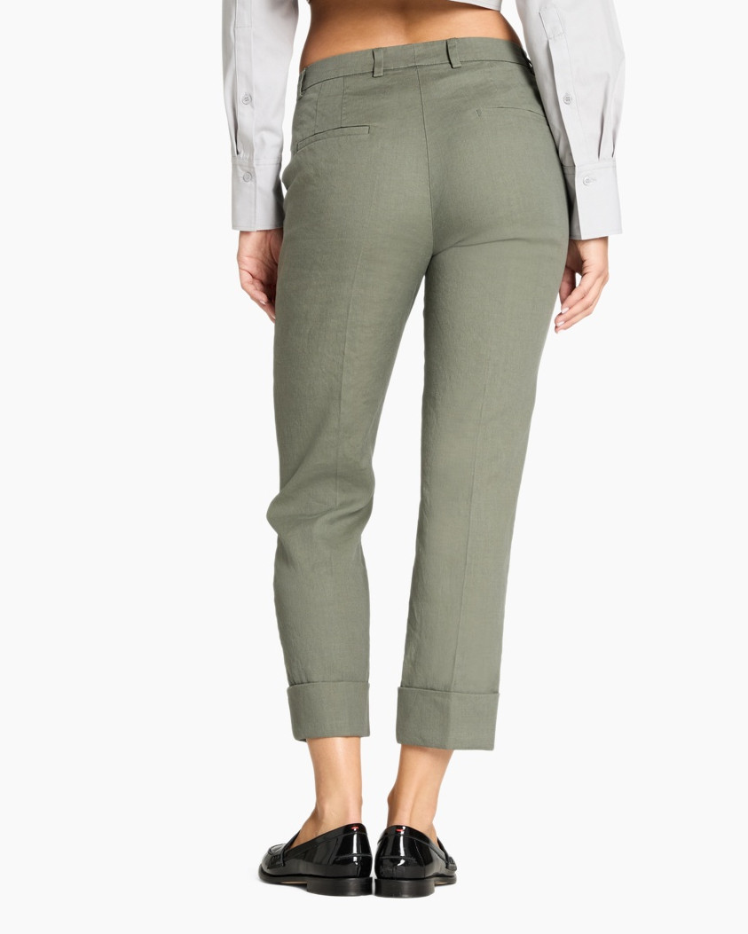 Broek, olijfgroene, slim, enkellengte, omgeslagen zoom