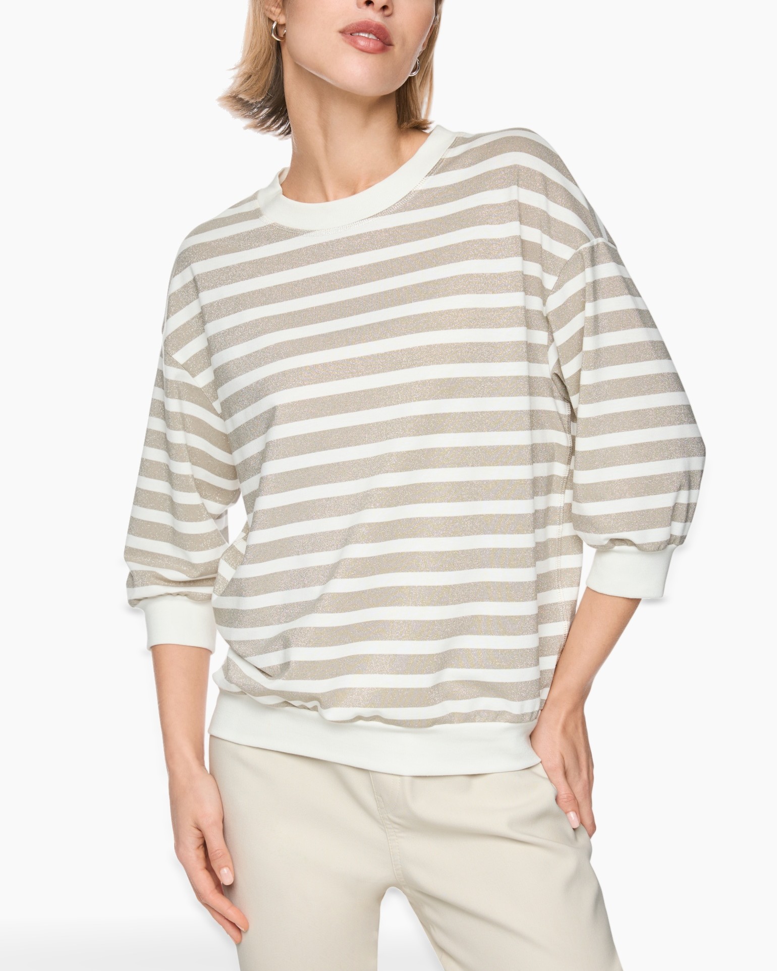 gestreepte trui, lange mouwen, rond hals, beige-wit, losvallend fit
