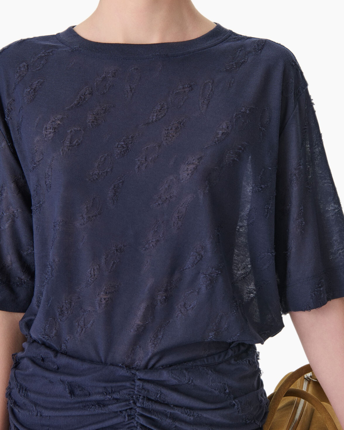 distressed fabric, short sleeve, navy blue, tunic top, ruched detail