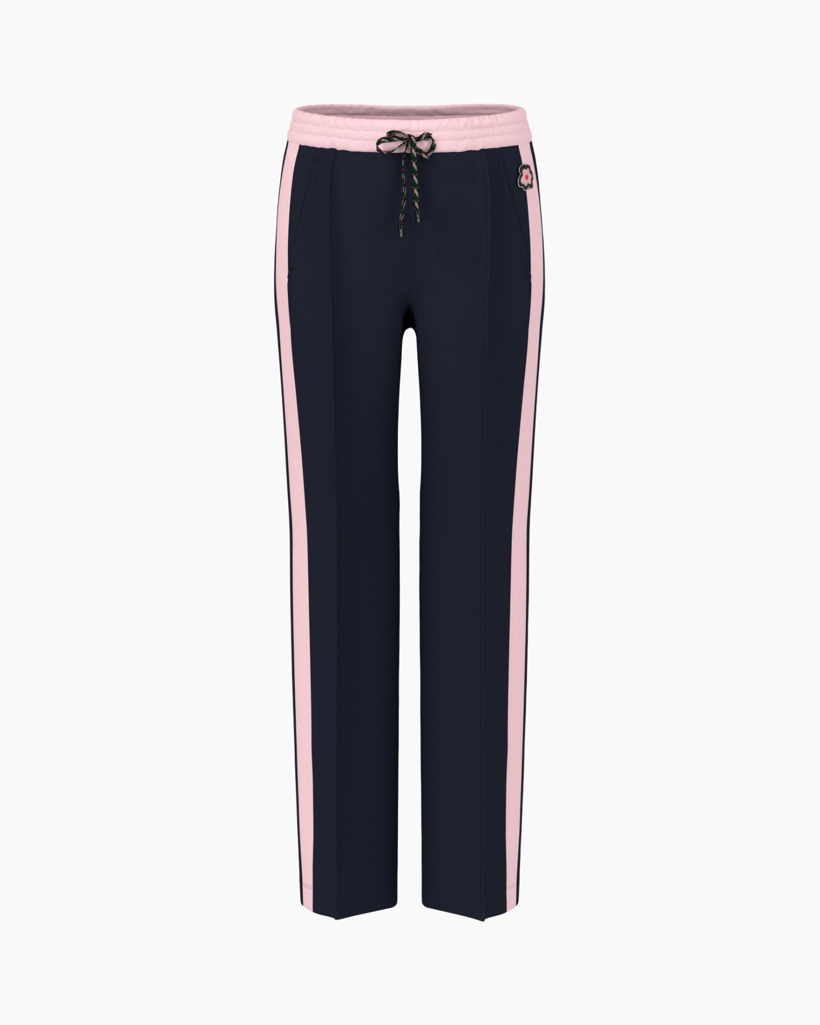 broeken, trainingsbroek, marineblauw, roze streep, trekkoord