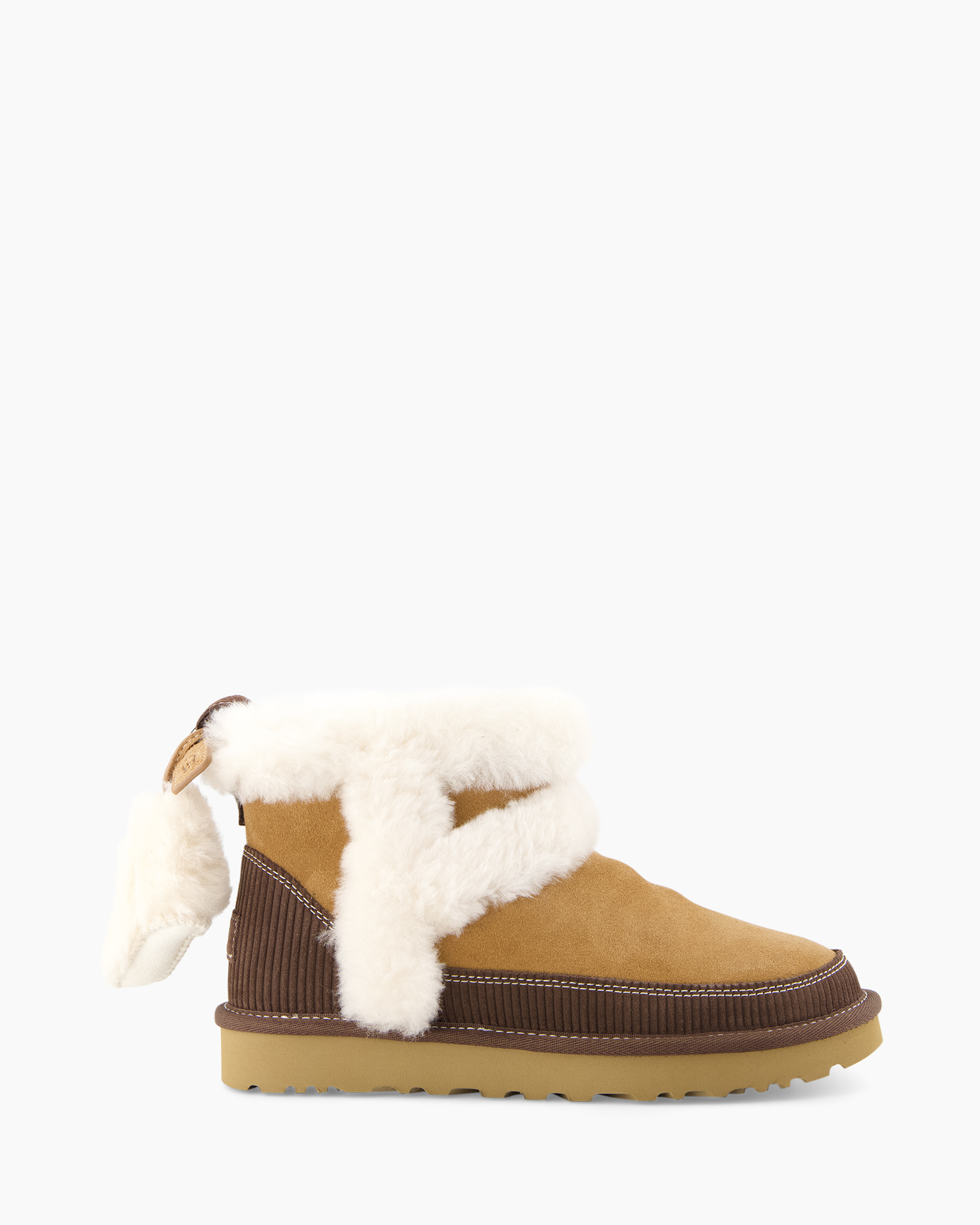 enkellaars, shearling, tan suède, rubberen zool, gevoerde voering