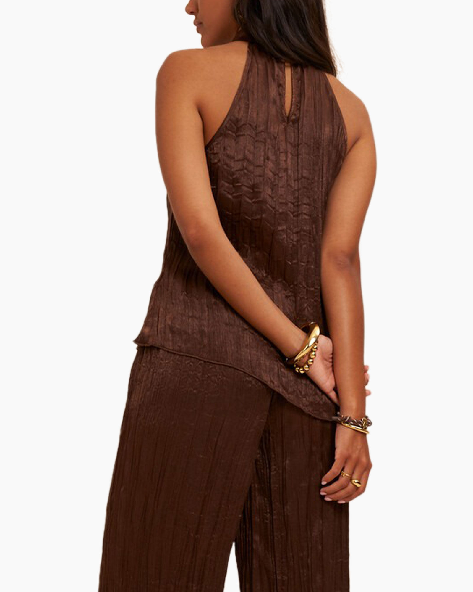 halter, bruin, crinkle, tweedelige set, clutch