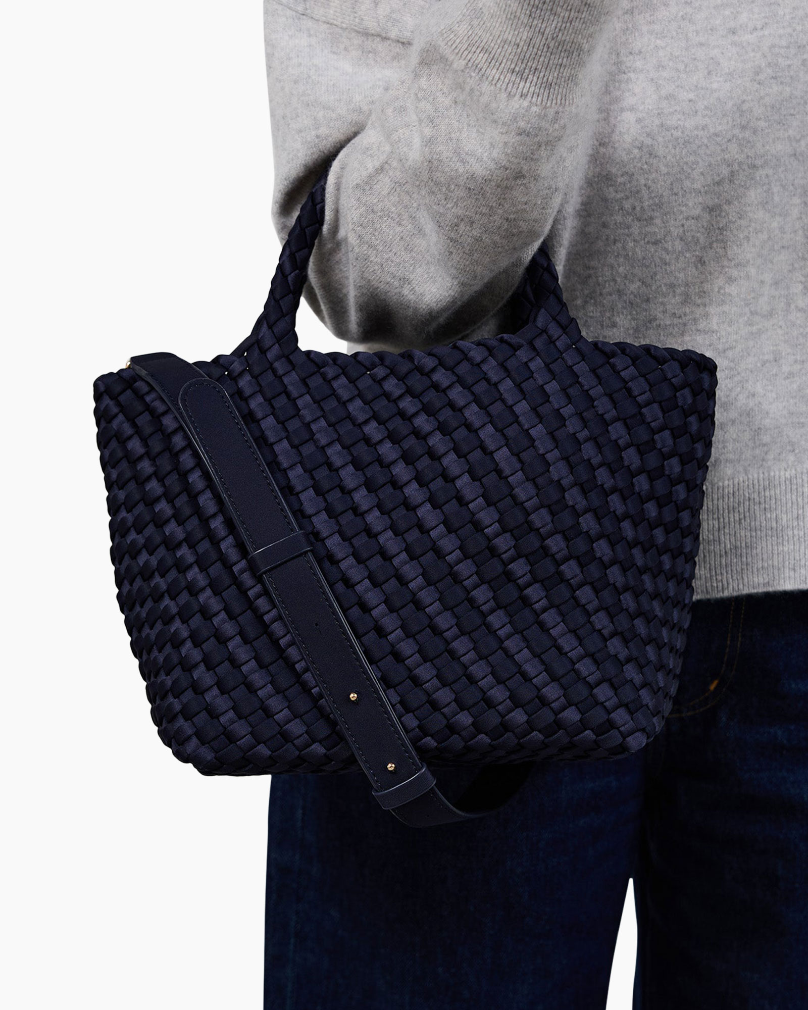 geweven tas, gehaakte textuur, donkerblauw, handtas, riemtas